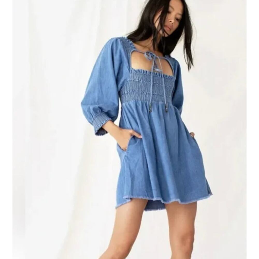 Free People This Is Everything Denim Smocked Tie Neck 3/4 Sleeve Mini Dress S